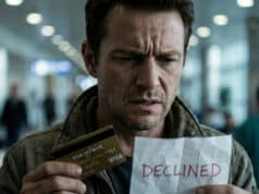 Visa Premier en 2026 : Pourquoi votre carte ne vous couvre plus (l’erreur qui m’a coûté cher) Voyageur stressé regardant sa carte Visa Premier et une facture médicale refusée.