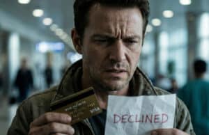 Visa Premier en 2026 : Pourquoi votre carte ne vous couvre plus (l’erreur qui m’a coûté cher) Voyageur stressé regardant sa carte Visa Premier et une facture médicale refusée.