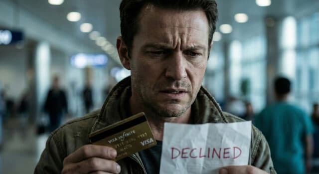 Voyageur stressé regardant sa carte Visa Premier et une facture médicale refusée.