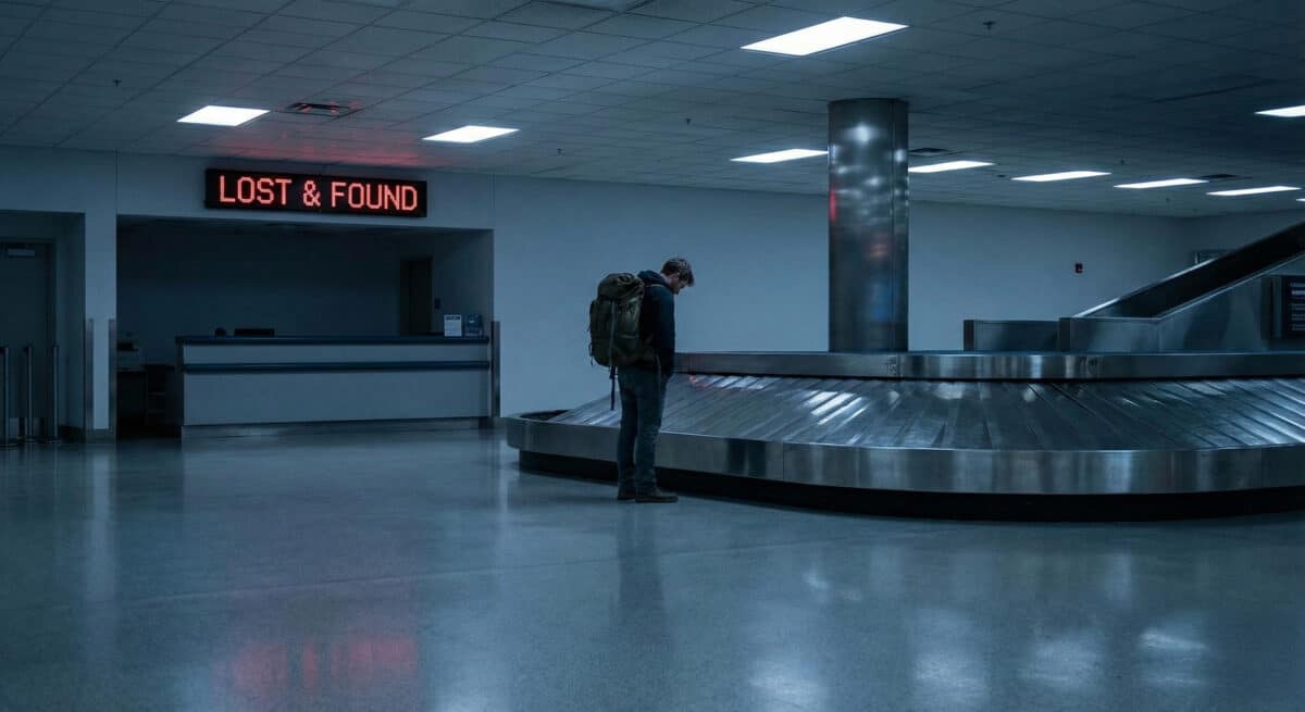 Voyageur attendant désespérément sa valise devant un tapis à bagages vide.