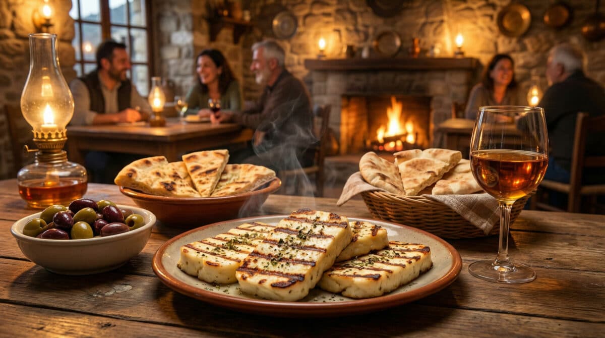 Assiette de Halloumi grillé et vin local dans une taverne traditionnelle chypriote.