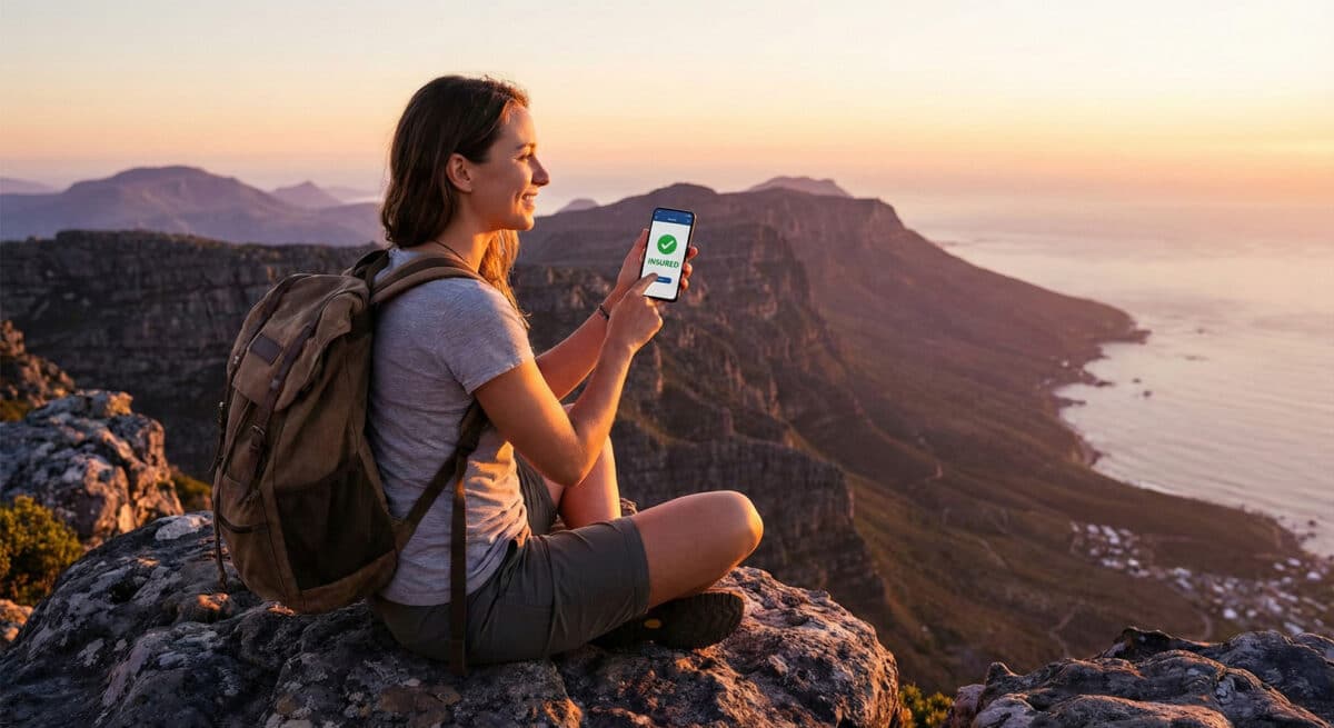 Voyageur serein consultant son assurance voyage sur son smartphone au coucher du soleil.