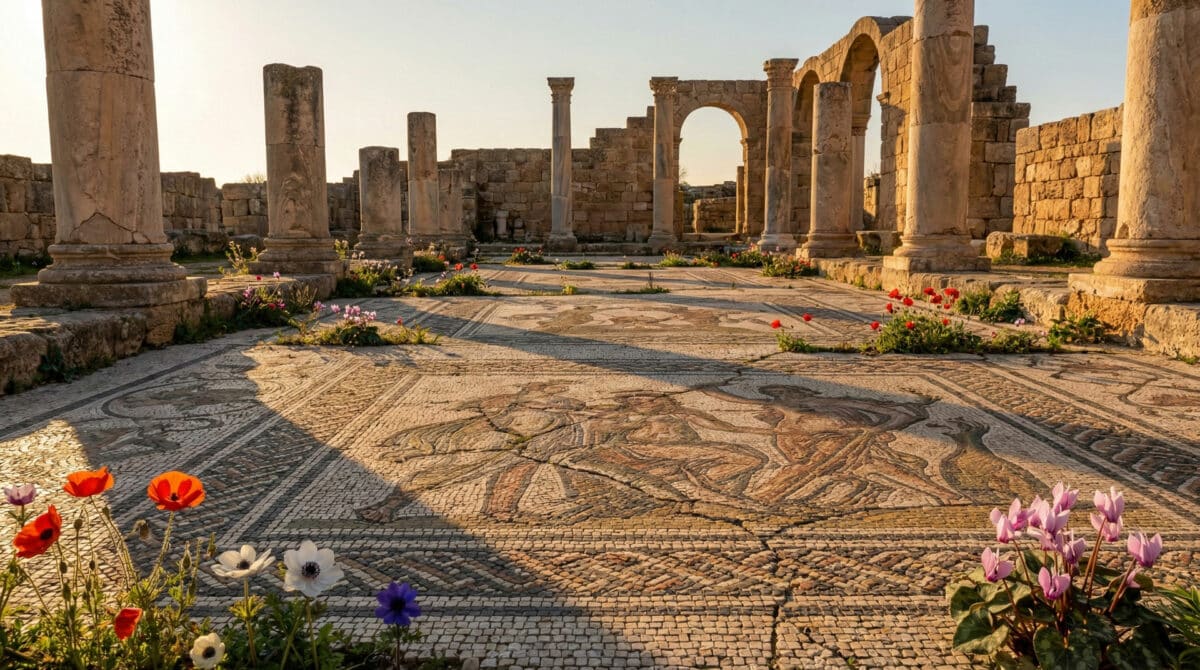 Site archéologique de Paphos désert et baigné de lumière hivernale.