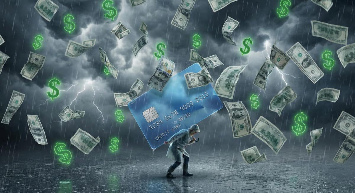 Illustration conceptuelle d'une carte bancaire protégeant mal contre une pluie de factures médicales