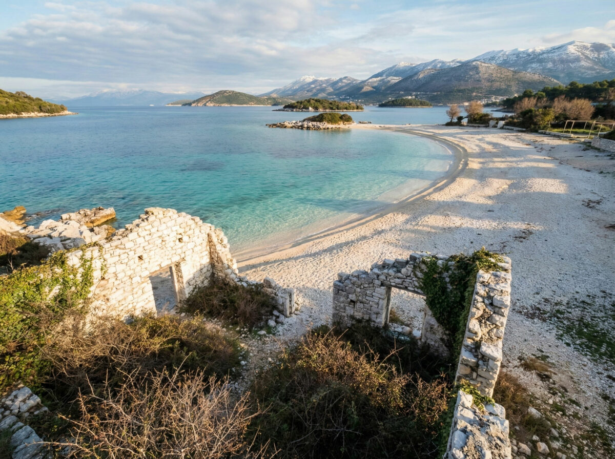 Wide-angle landscape photography of the Albanian Riviera near Ksamil in winter