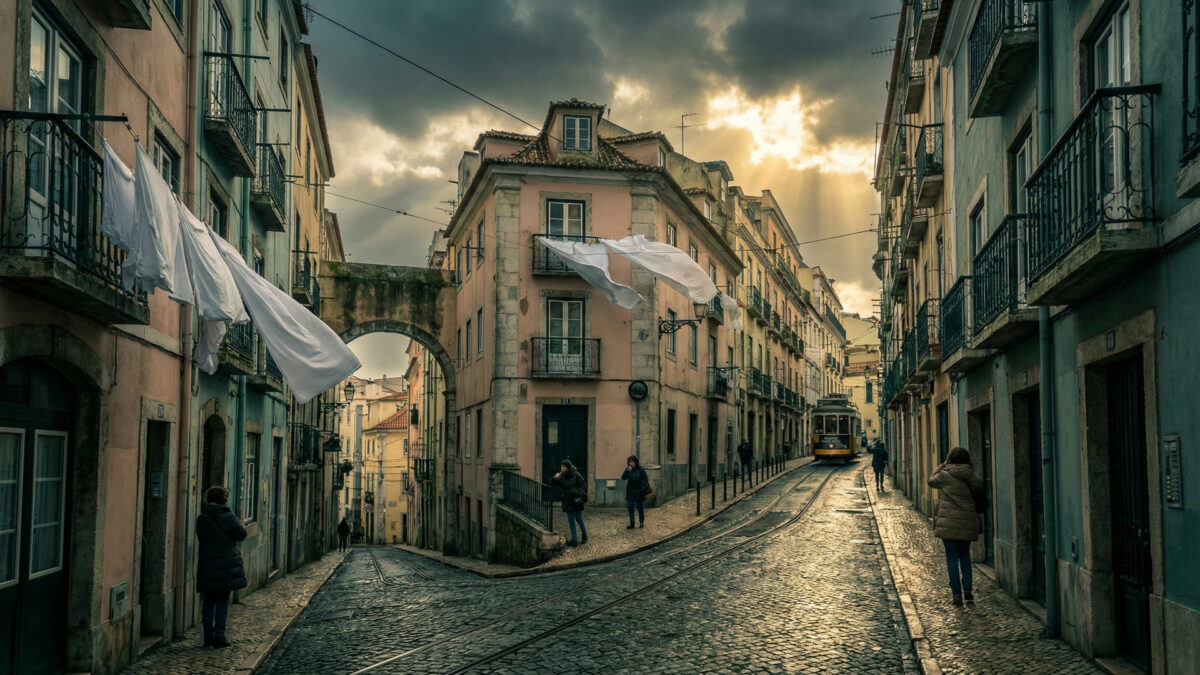 Vue panoramique d'une rue escarpée de l'Alfama à Lisbonne en mars. Linge blanc flottant au vent fort, nuages dramatiques et rayons de soleil sur les pavés mouillés entre les immeubles pastel.