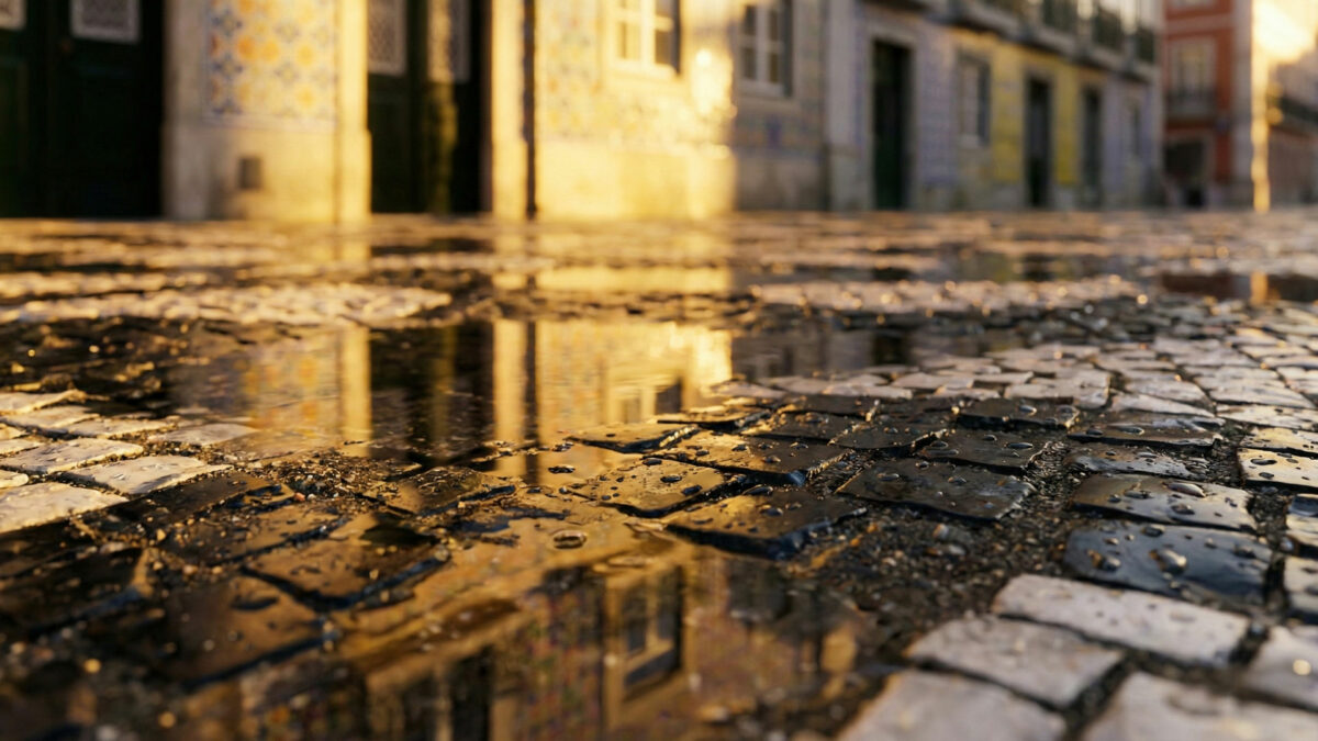 Gros plan texture Calçada Portuguesa mouillée à Lisbonne en mars. Reflets dorés du soleil dans les flaques d'eau et arrière-plan flou de bâtiments colorés après l'orage.