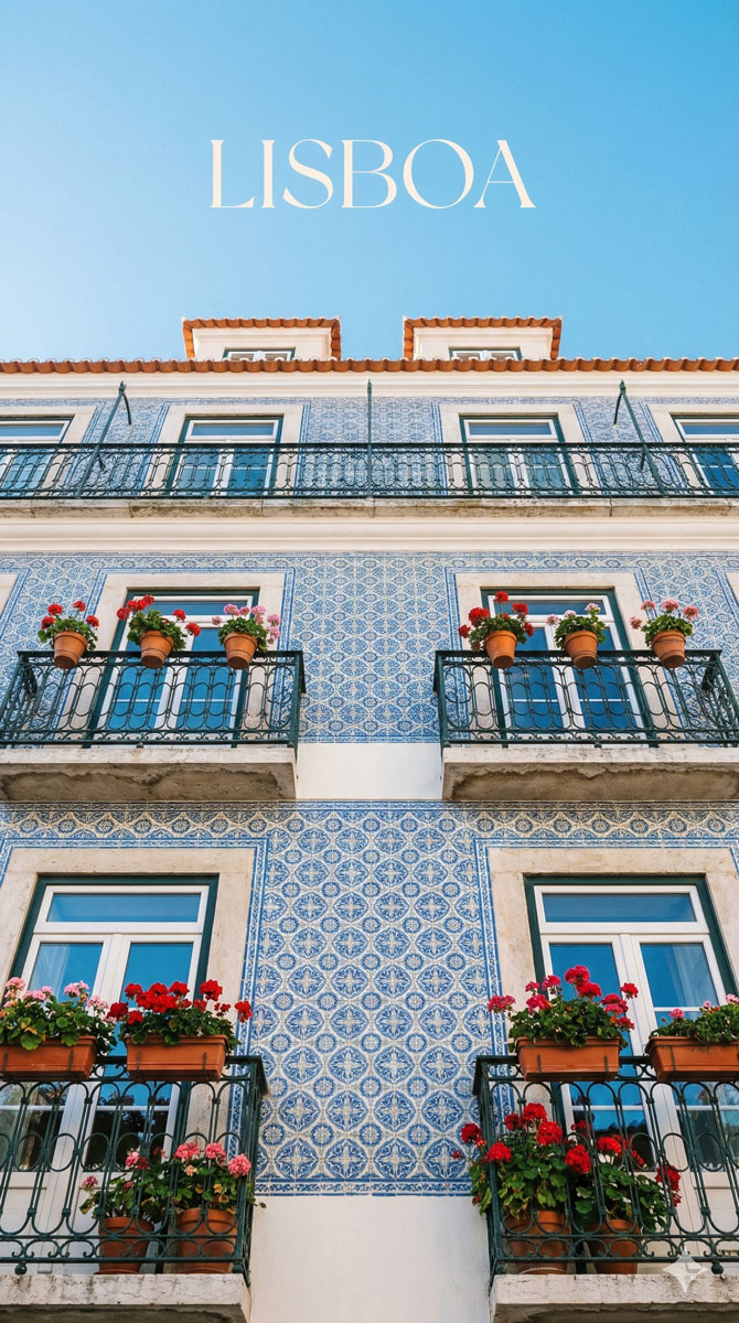 Vue en contre-plongée d'une façade traditionnelle à Lisbonne. Mur couvert d'azulejos bleus et blancs complexes, balcons en fer forgé avec géraniums rouges, sous un ciel bleu clair de mars. Style couverture de magazine.