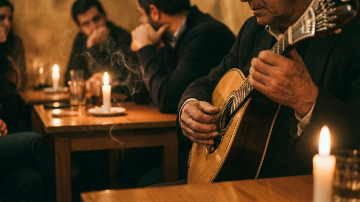 Gros plan intérieur intime sur les mains d'un musicien jouant de la guitare portugaise (Guitarra Portuguesa) dans une Casa de Fado sombre à Lisbonne. Éclairage à la bougie, ambiance émotionnelle et chaleureuse, convives flous écoutant intensément en arrière-plan.