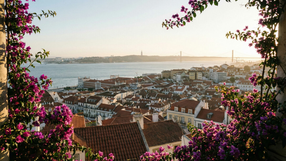 Paysage panoramique au coucher du soleil depuis le Miradouro do Recolhimento à Lisbonne en mars. Vue sur le Tage, les toits de l'Alfama et le Pont du 25 avril au loin, encadrée par des bougainvilliers. Lumière dorée douce, atmosphère paisible et sereine sans touristes.