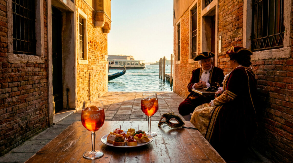 Spritz et amuse-bouches vénitiens en terrasse.
